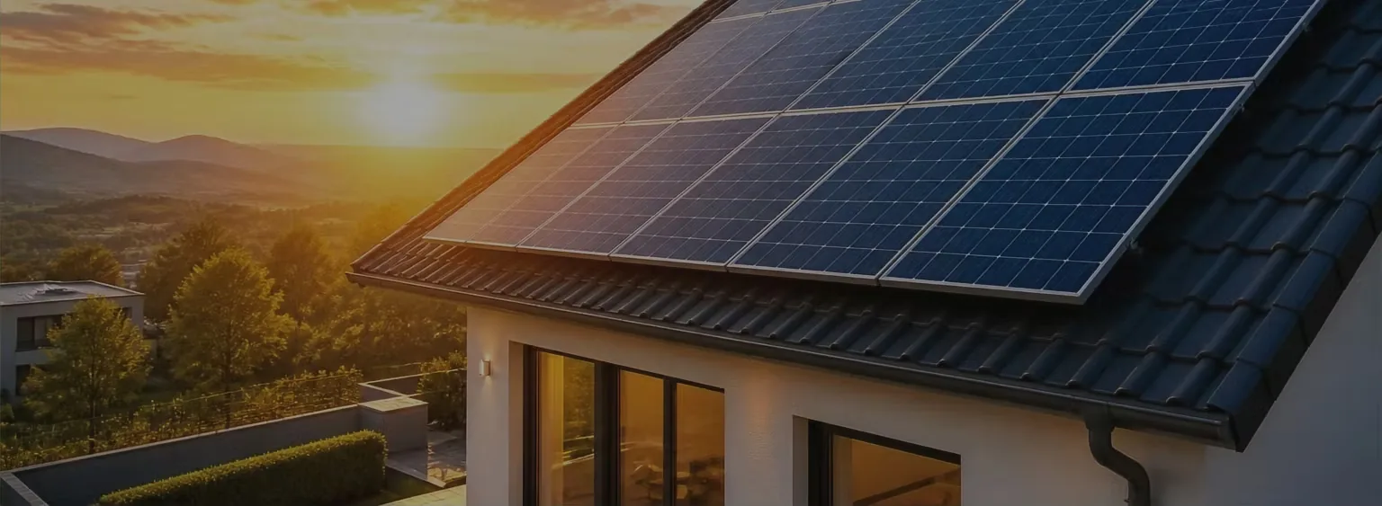 Casa con paneles solares en el techo al atardecer