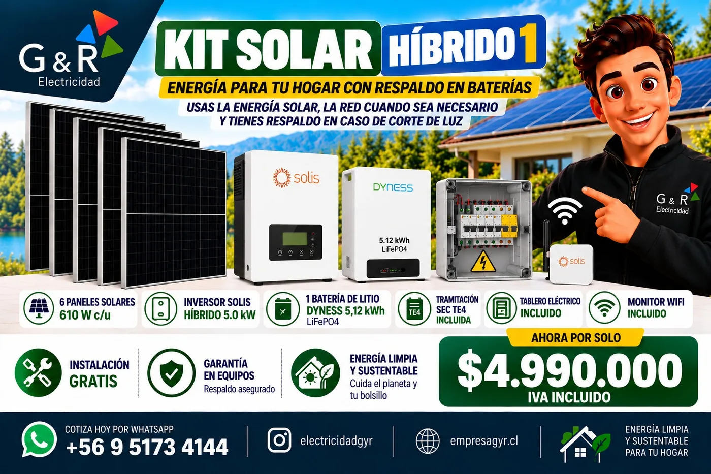 Ficha del Kit Solar Híbrido 1: 6 paneles, inversor Solis híbrido 5,0 kW, batería Dyness 5,12 kWh