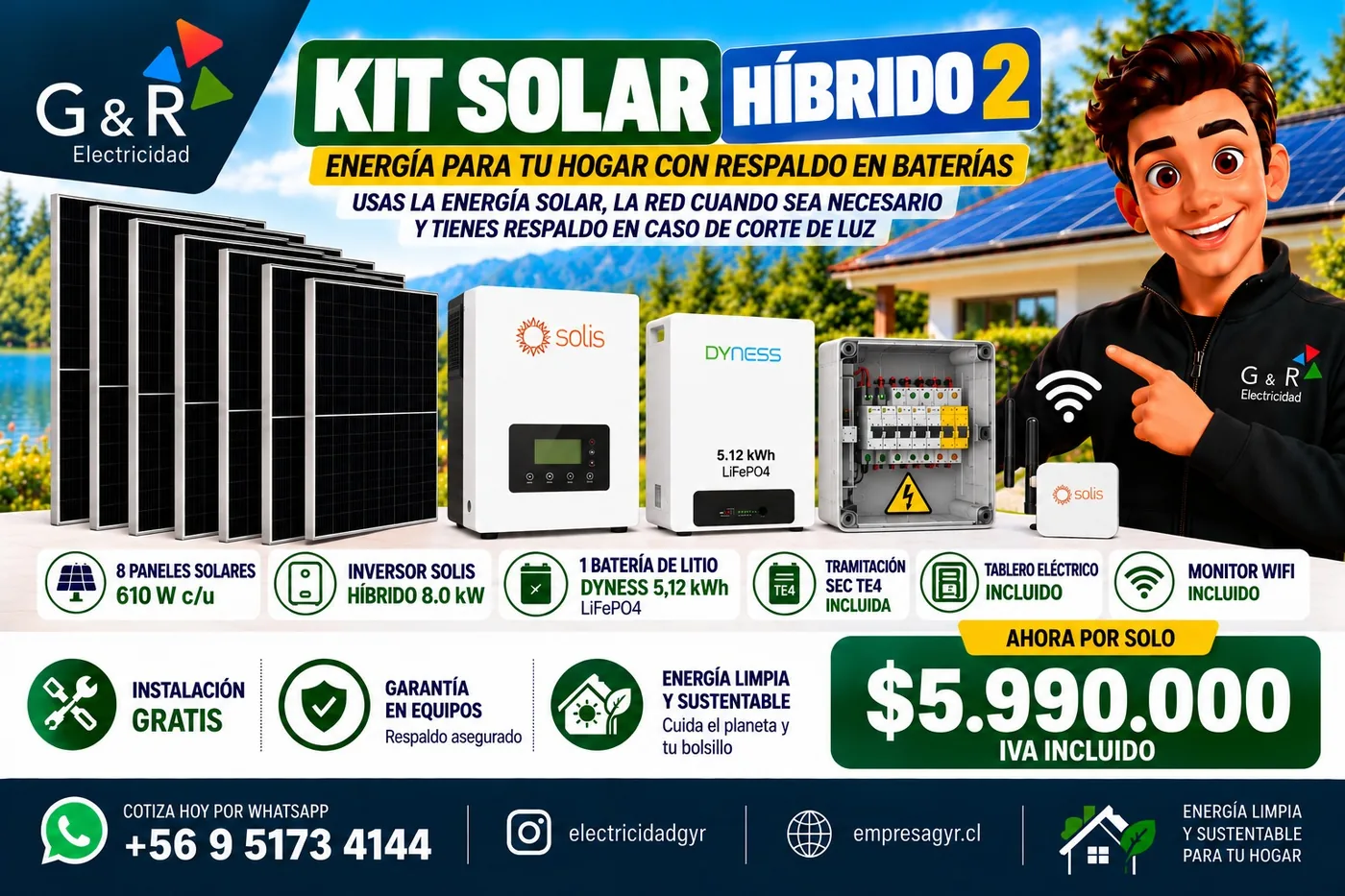 Ficha del Kit Solar Híbrido 2: 8 paneles, inversor Solis híbrido 8,0 kW, batería Dyness 5,12 kWh