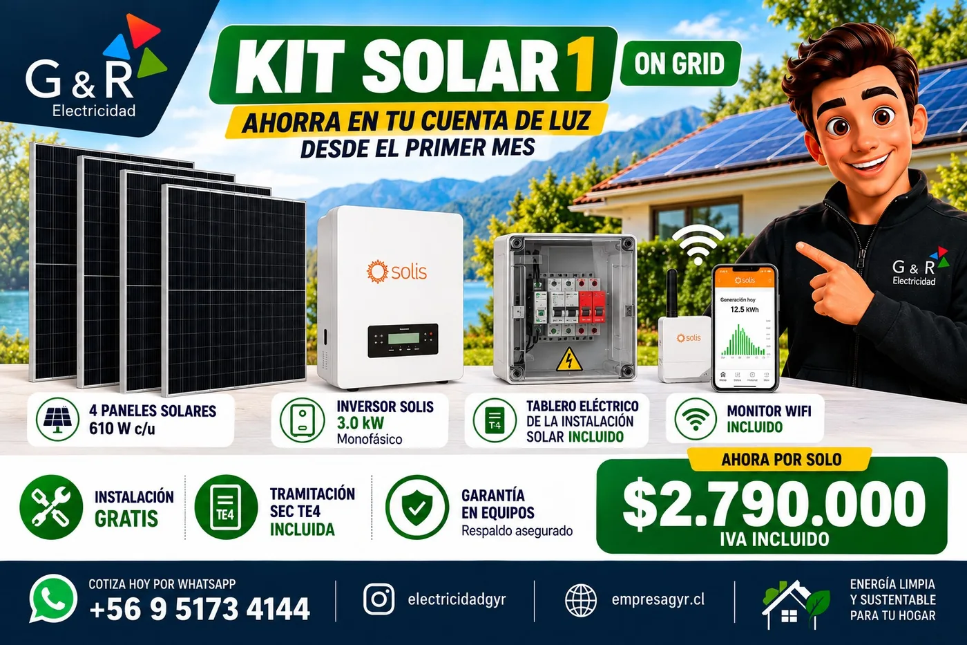 Ficha del Kit Solar 1 On Grid: 4 paneles, inversor Solis 3,0 kW monofásico