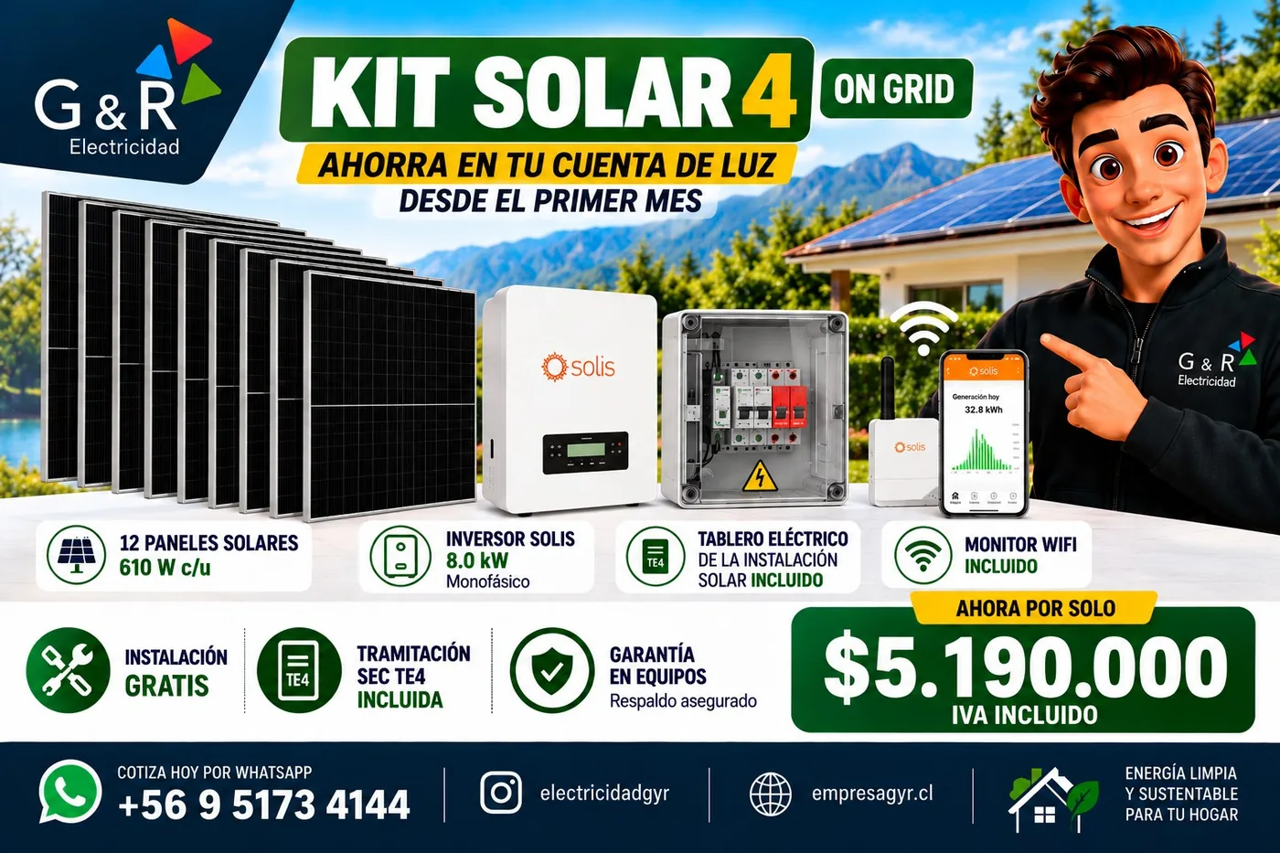 Ficha del Kit Solar 4 On Grid: 12 paneles, inversor Solis 8,0 kW monofásico