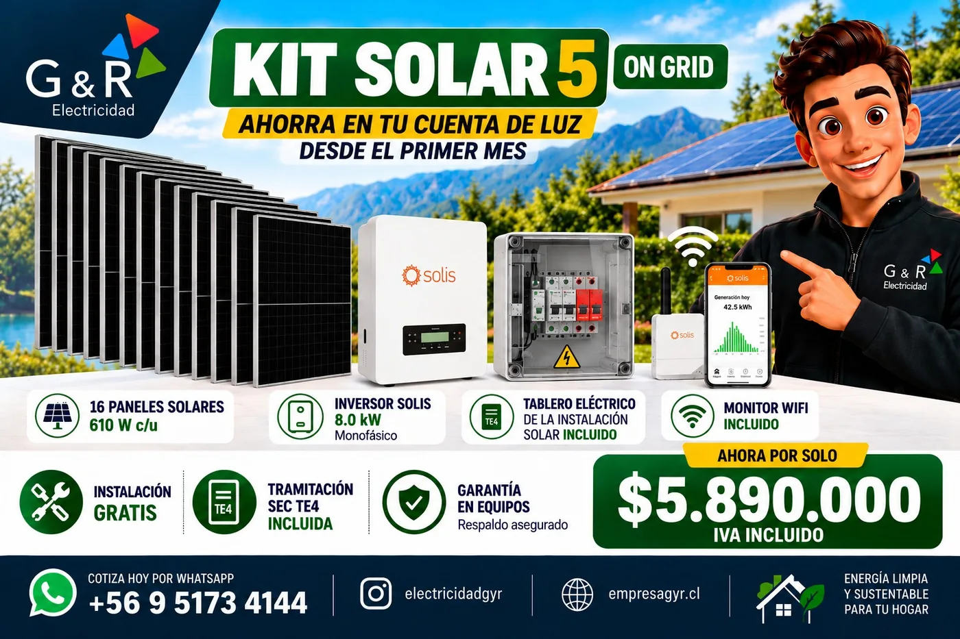 Ficha del Kit Solar 5 On Grid: 16 paneles, inversor Solis 8,0 kW monofásico